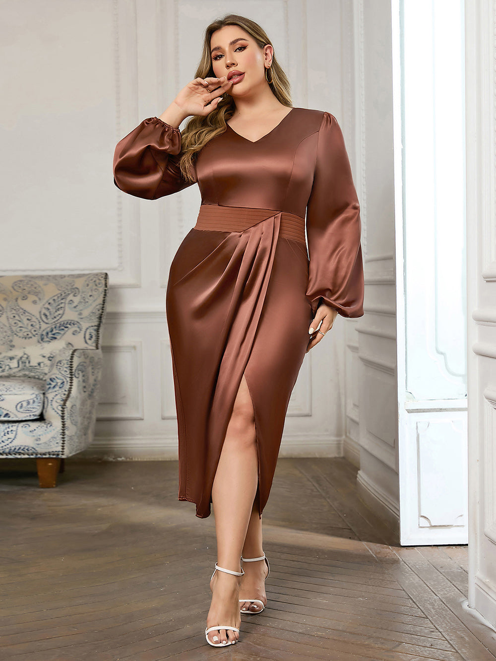 Red Brown Puff Sleeve Midi Dress