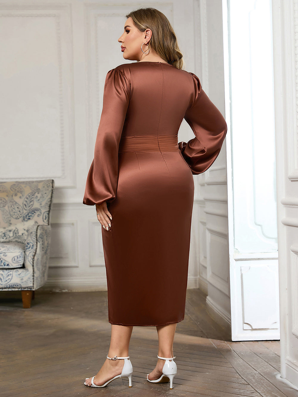 Red Brown Puff Sleeve Midi Dress