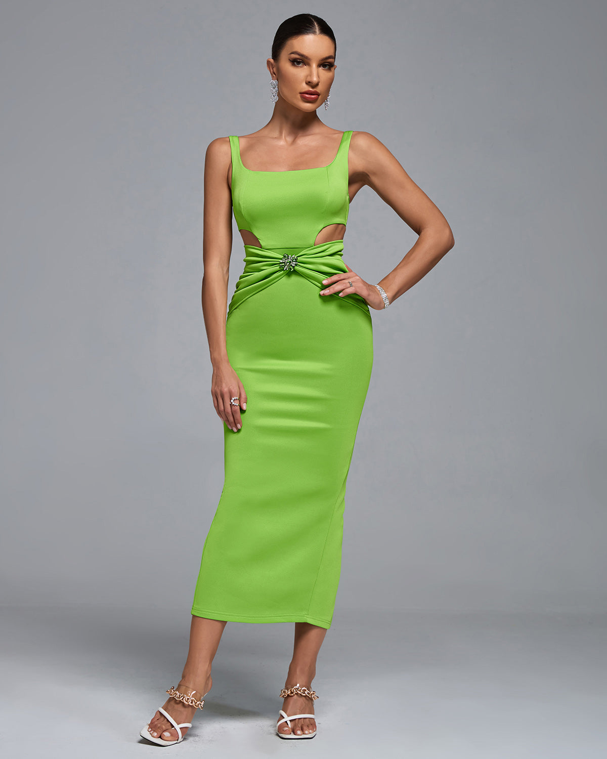 Rhinestone Embellished Ruched Cutout Midi Dress