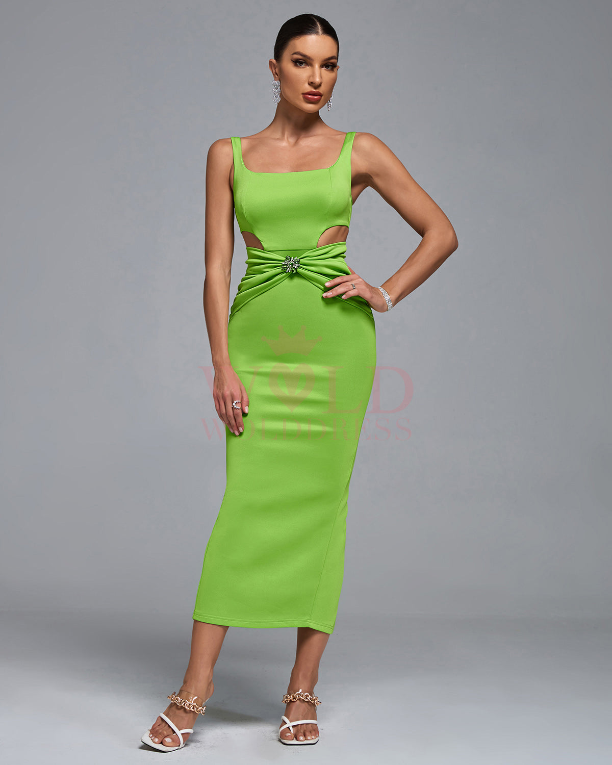 Rhinestone Embellished Ruched Cutout Midi Dress