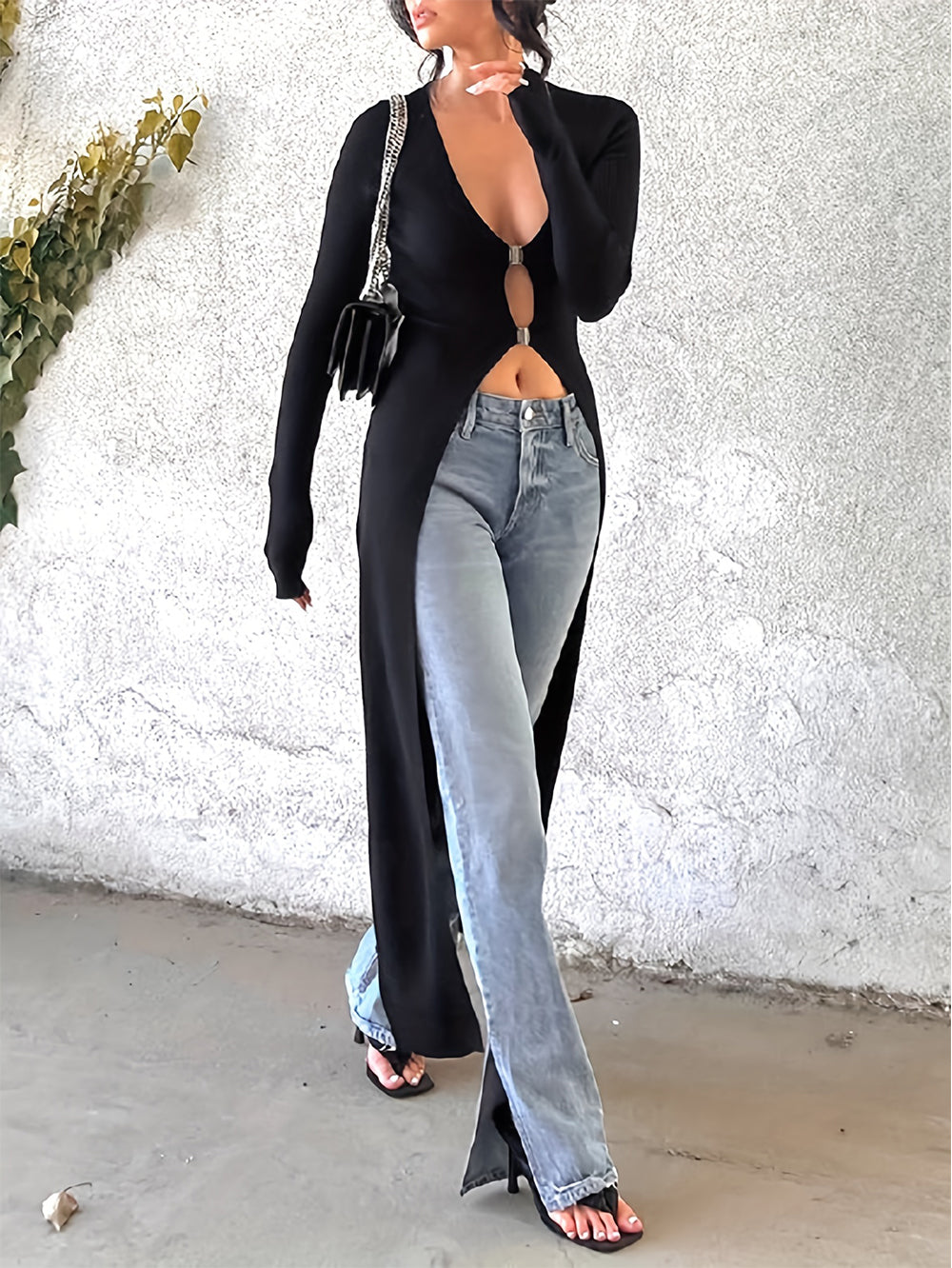 Long Sleeve Cutout Slit Long Top