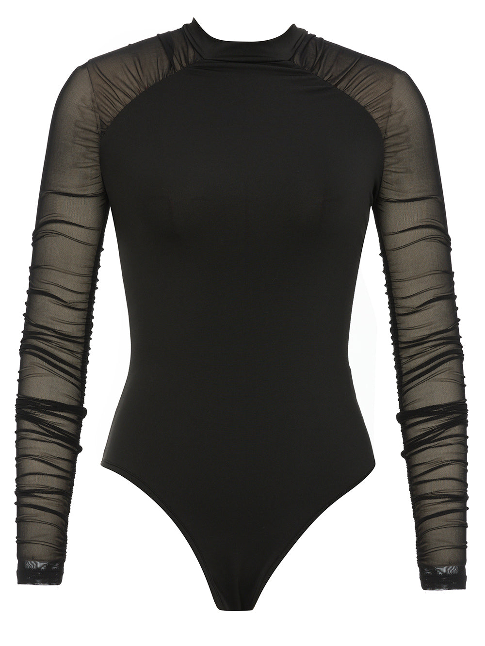 Black Bodysuit with Pleated Tulle Sleeves