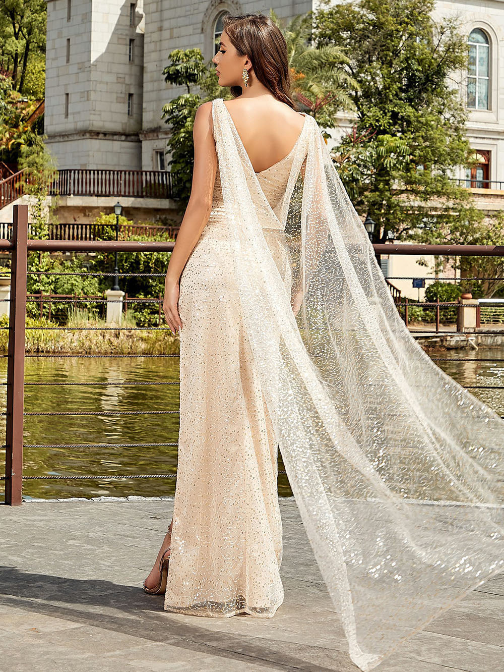 Apricot Drape Collar Sleeveless Long Sequins Dress