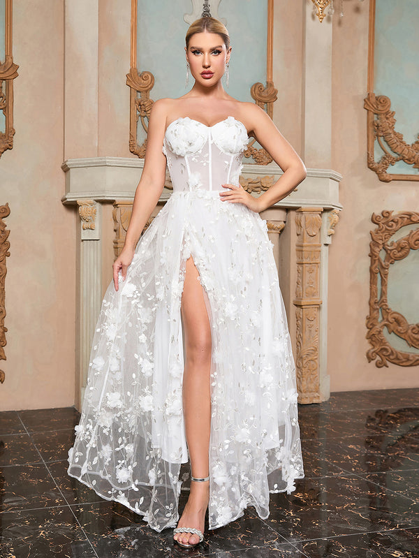 White Lace Flower Applique Ball Prom Dress