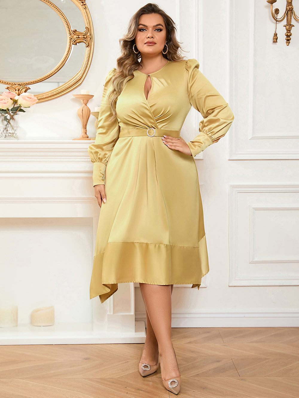 Yellow Lantern Sleeve Midi Wrap Dress