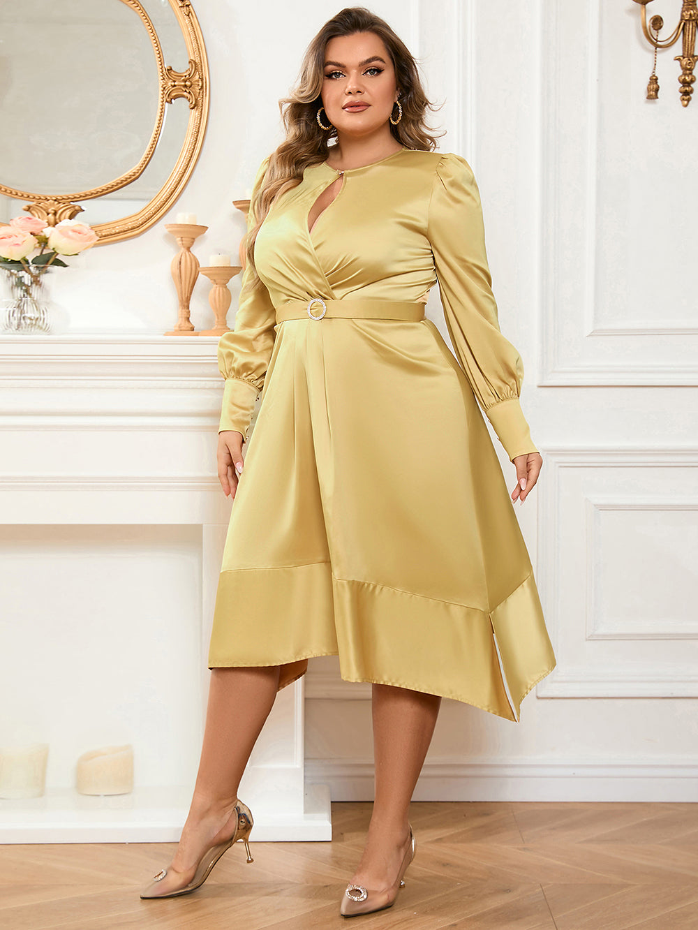 Yellow Lantern Sleeve Midi Wrap Dress