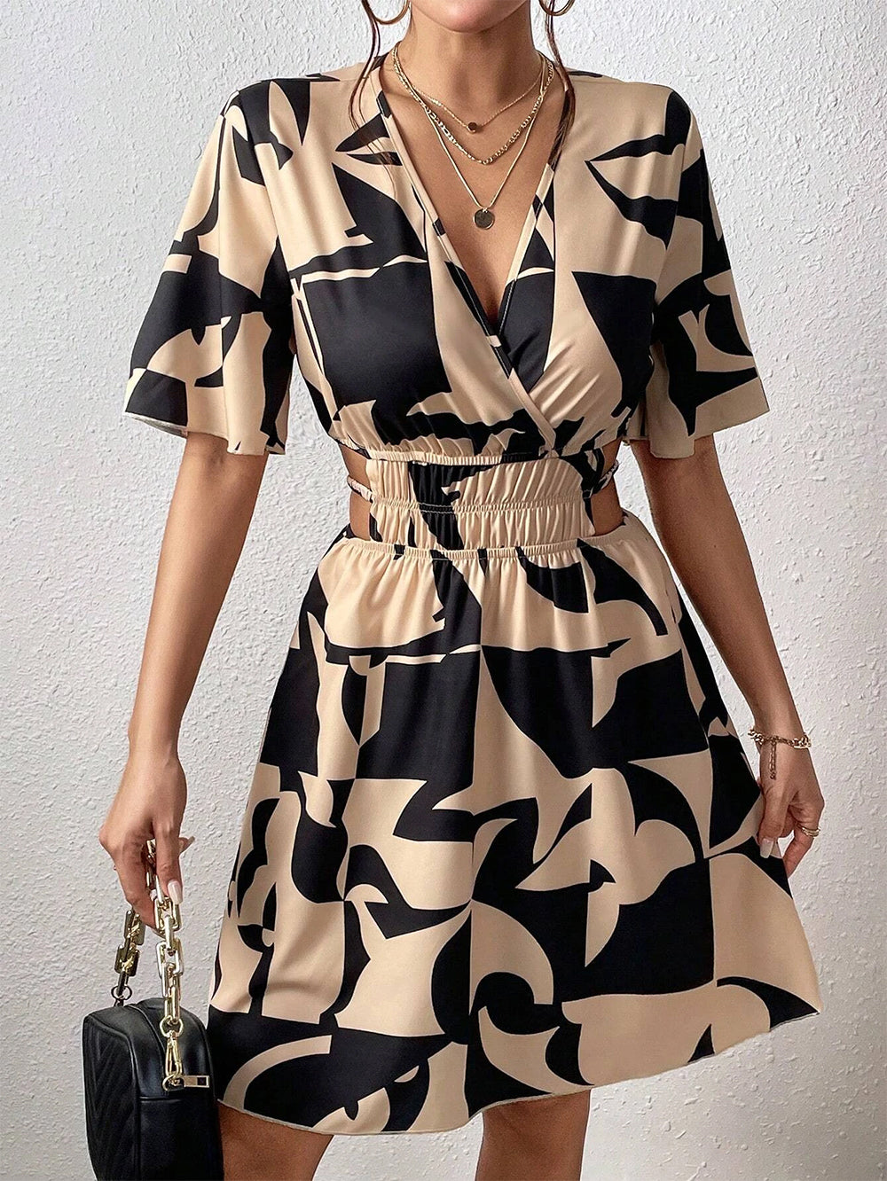 Apricot Allover Print V Neck Mini Dress