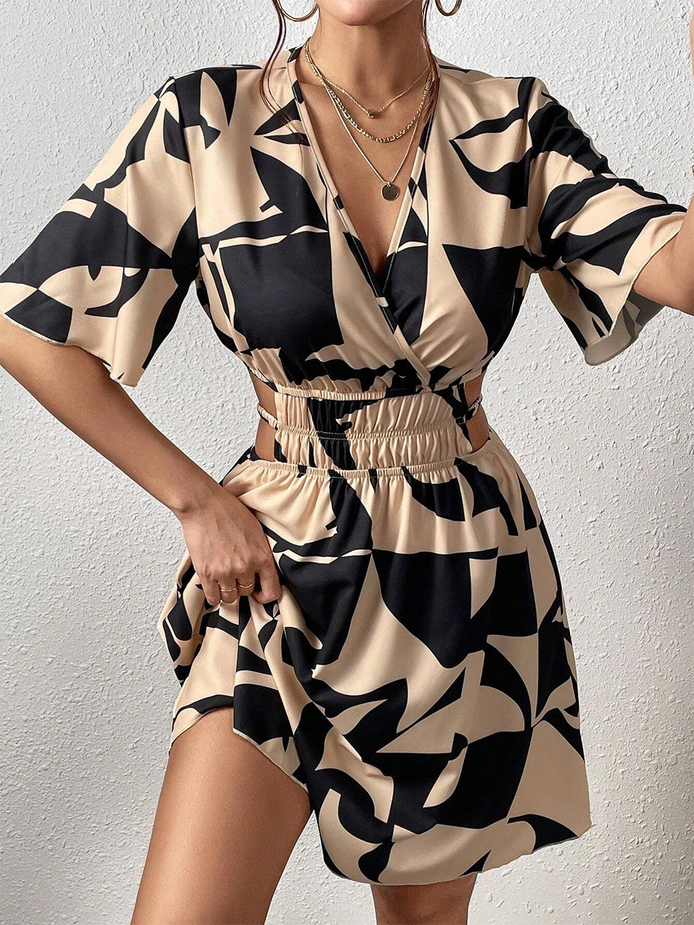 Apricot Allover Print V Neck Mini Dress