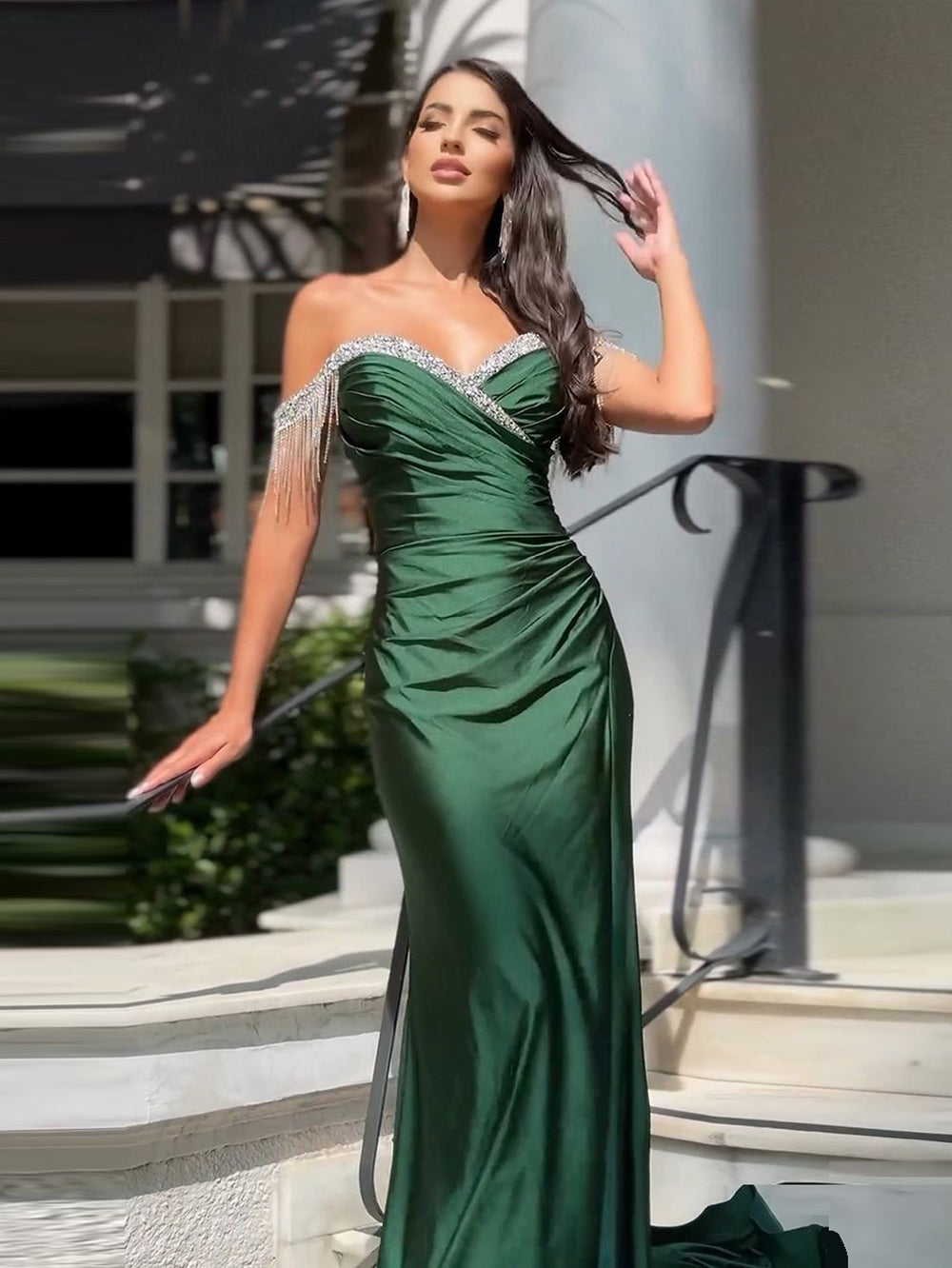 Off Shoulder Green Crystal Dress