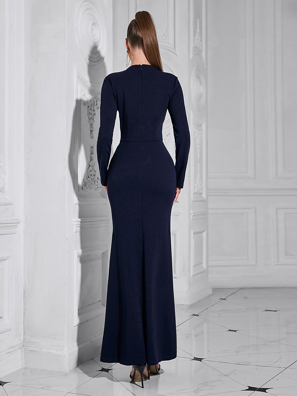 Dark Blue Long Sleeve Maxi Slit Dress