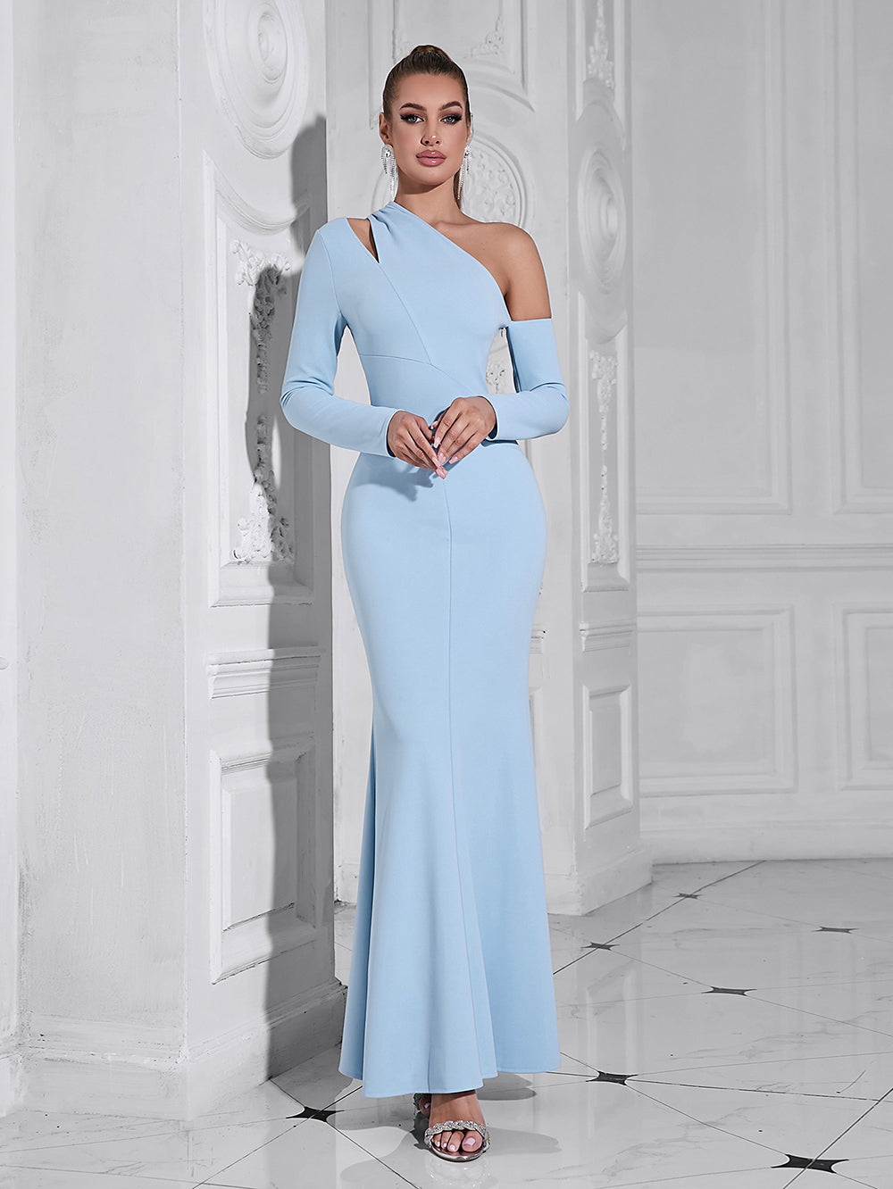 Blue One Shoulder Fitted Maxi Dress