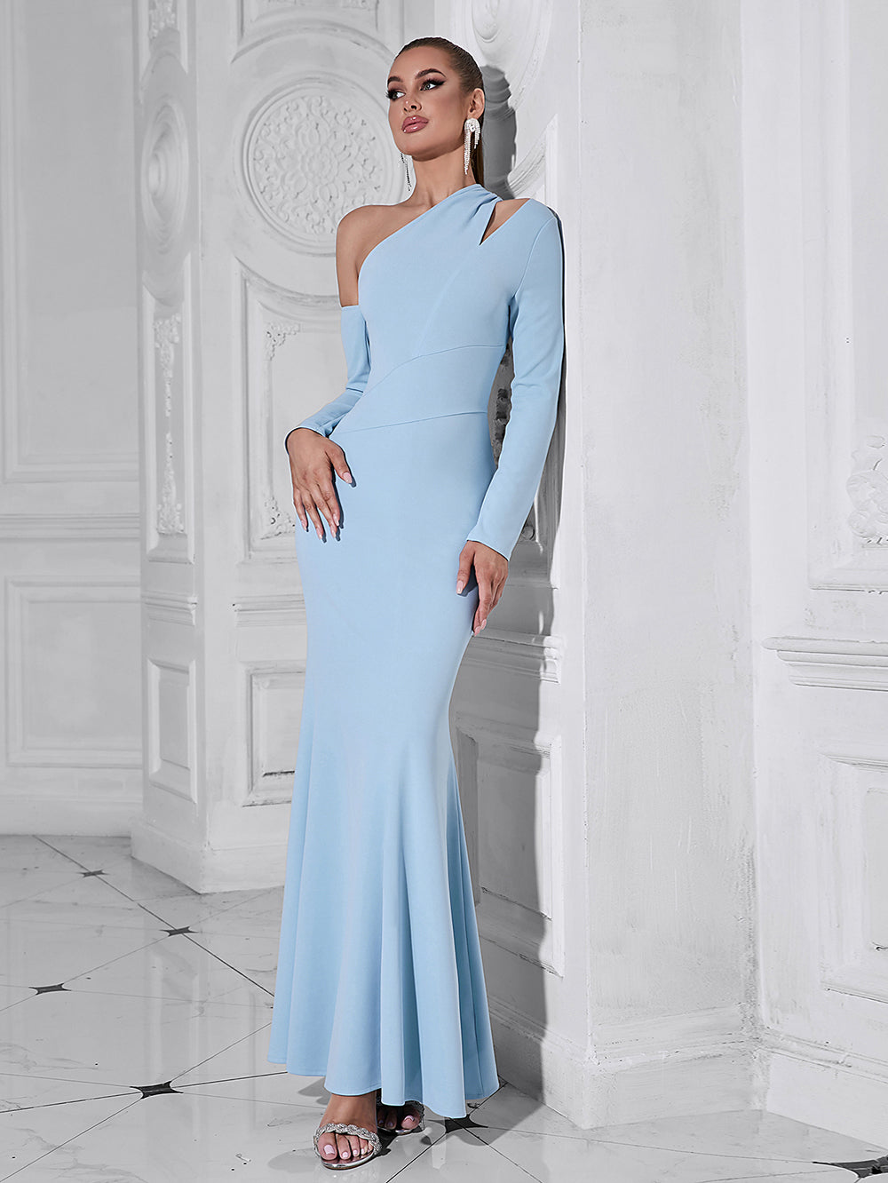 Blue One Shoulder Fitted Maxi Dress