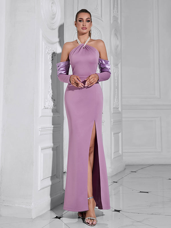 Halter Off Shoulder Violet Long Dress