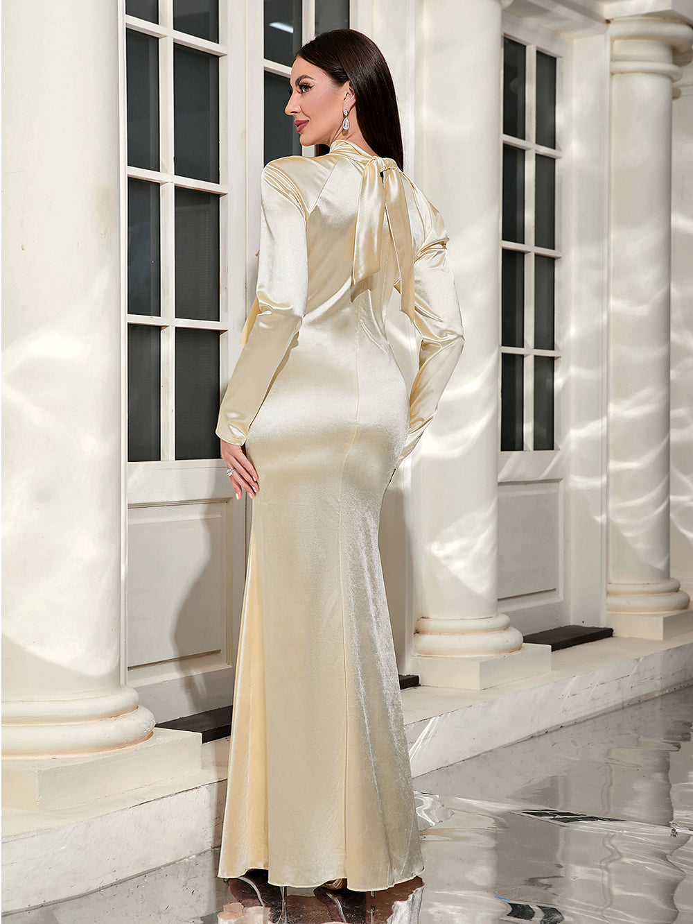 Apricot long Sleeve Women Evening Dress