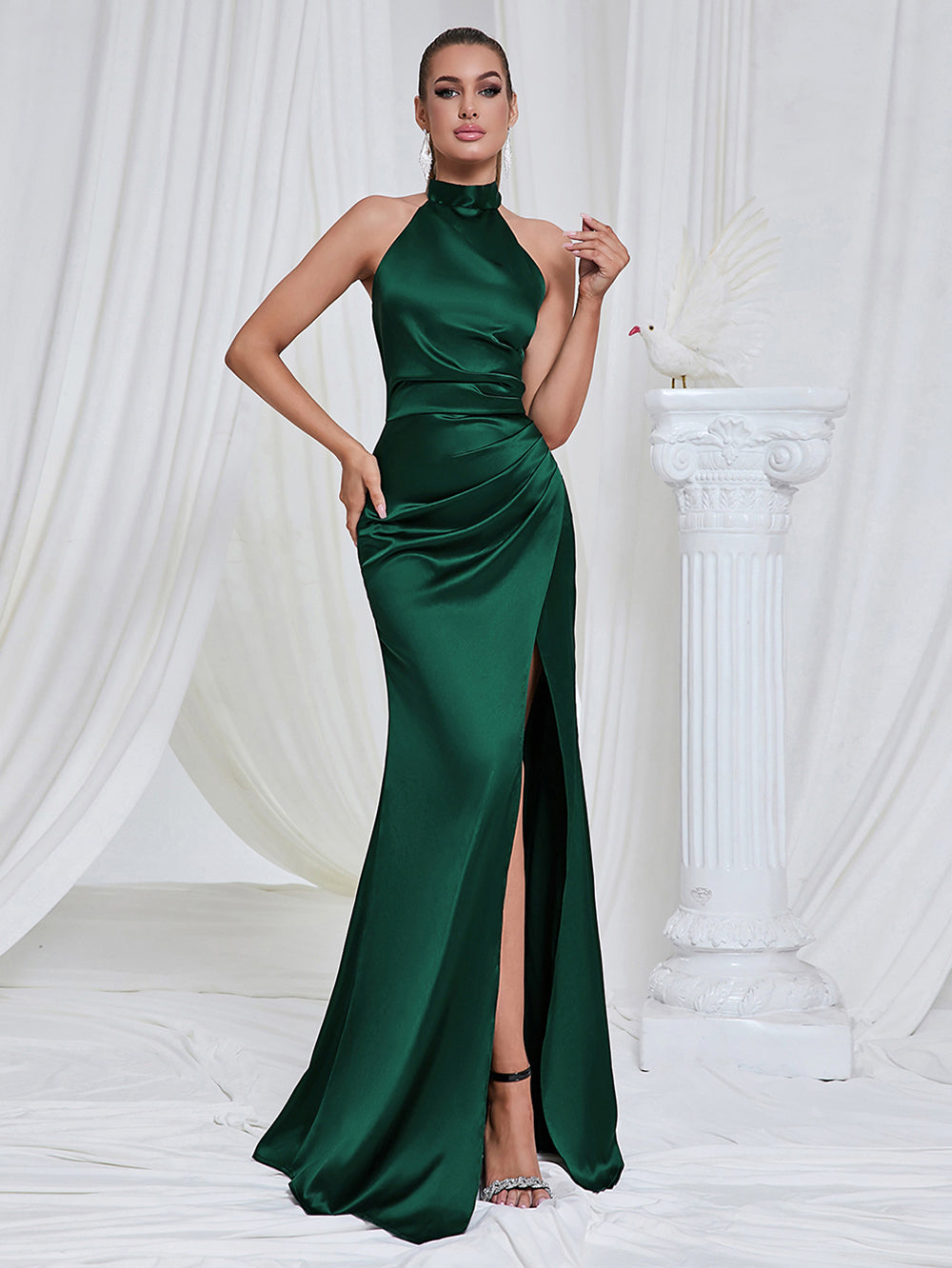 Dark Green Halter Ruched Floor-Length Dress