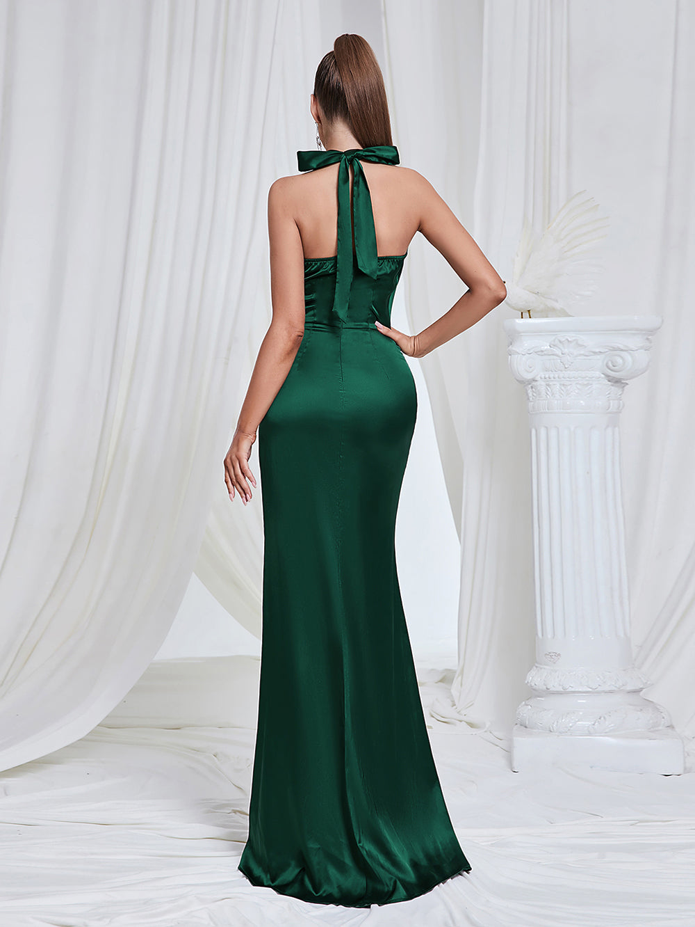 Dark Green Halter Ruched Floor-Length Dress