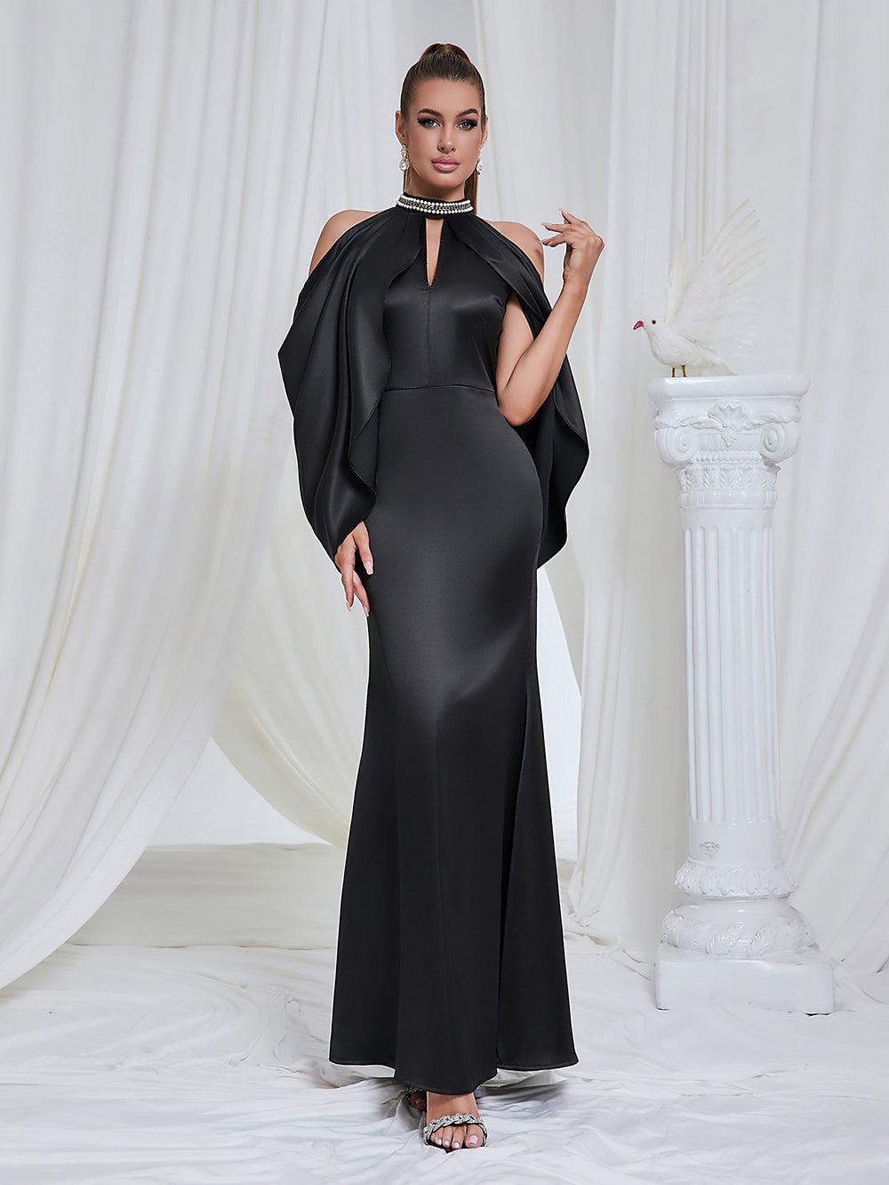 Black Halter Draped Off Shoulder Maxi Dress