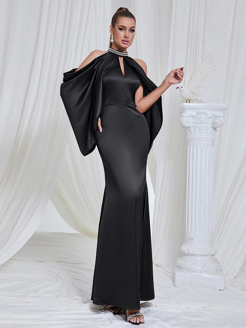 Black Halter Draped Off Shoulder Maxi Dress