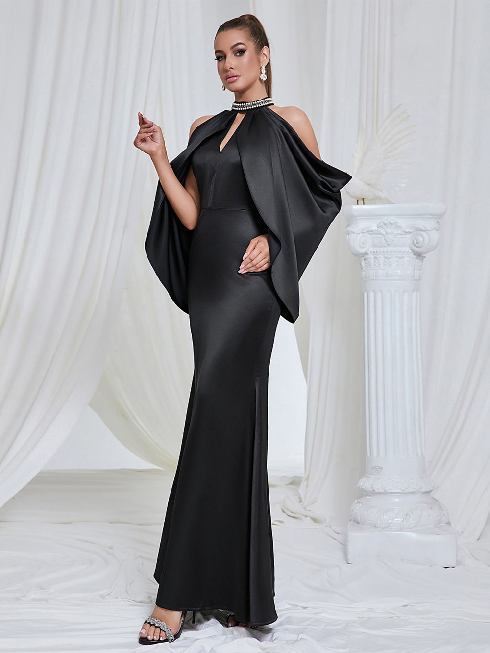 Black Halter Draped Off Shoulder Maxi Dress