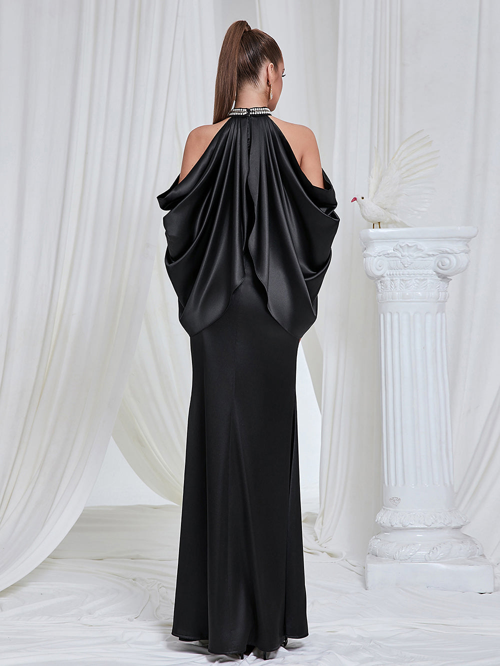 Black Halter Draped Off Shoulder Maxi Dress