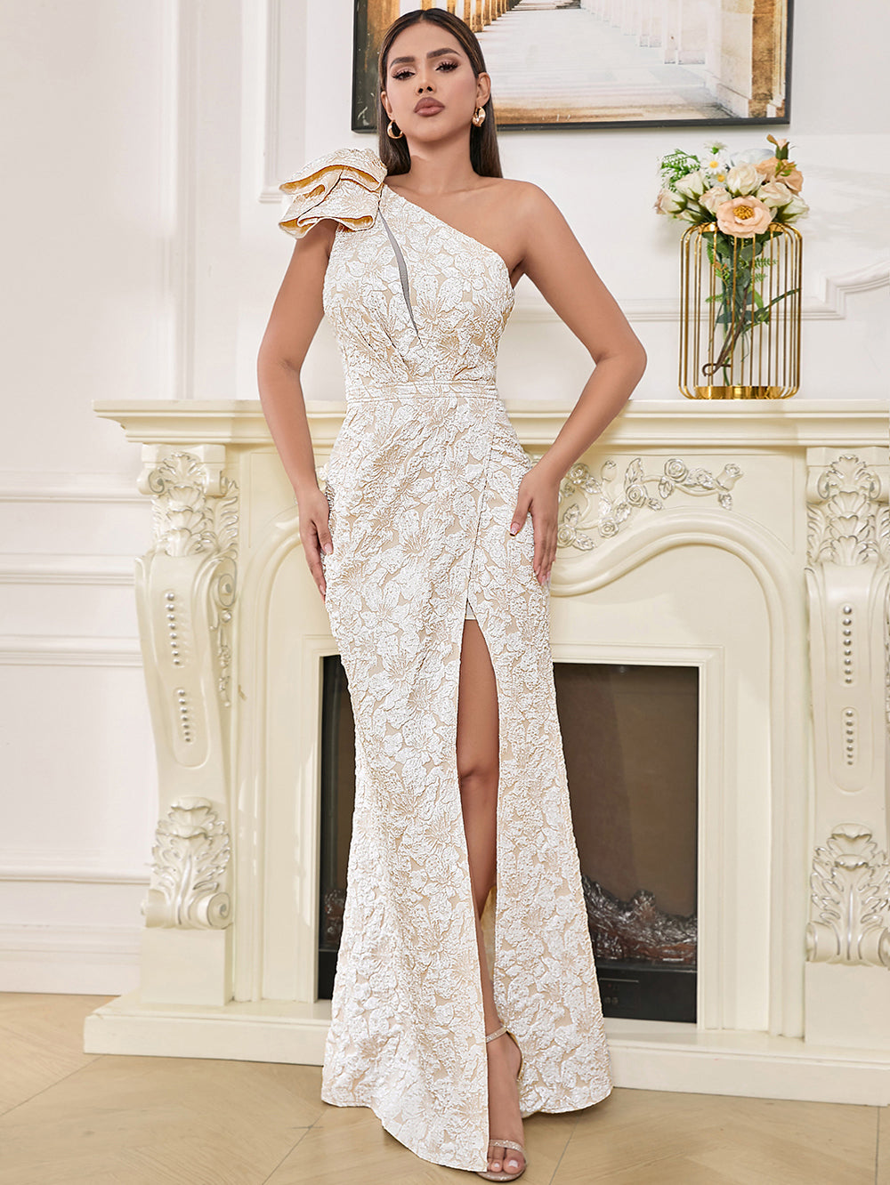 Ivory Jacquard One Shoulder Evening Gown