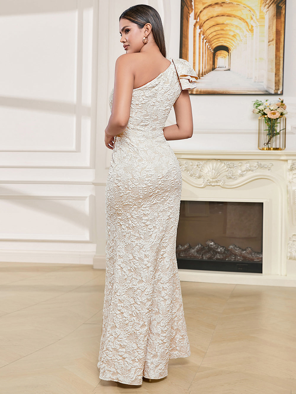 Ivory Jacquard One Shoulder Evening Gown