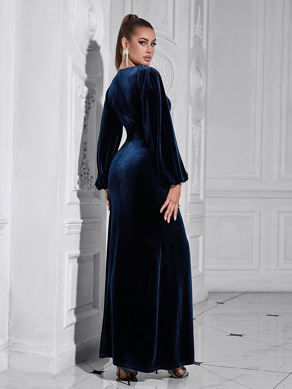 Blue V Neck Frilled Maxi Sheath Dress