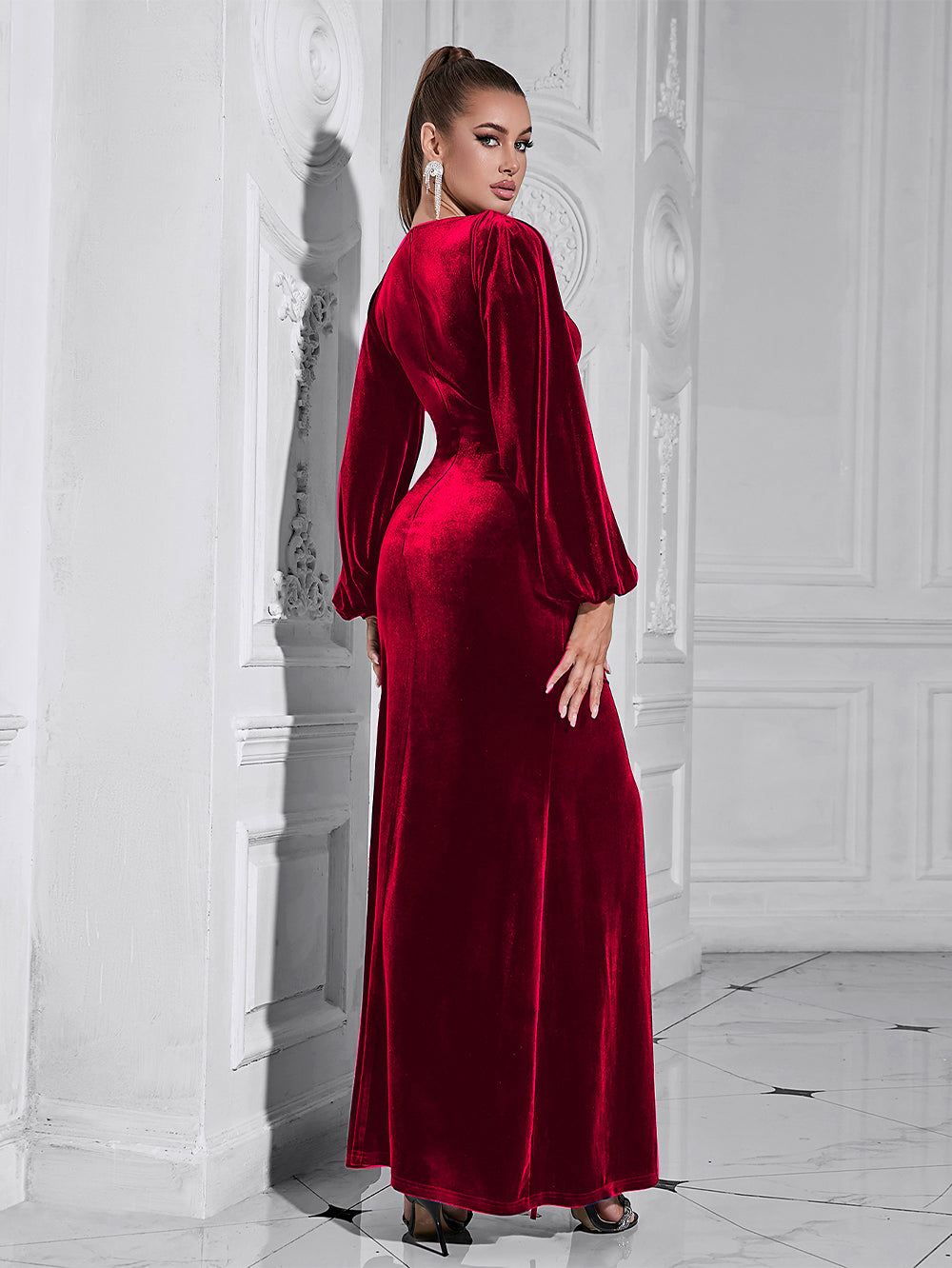 V Neck Plain Velvet Maxi Bodycon Dress HB10212