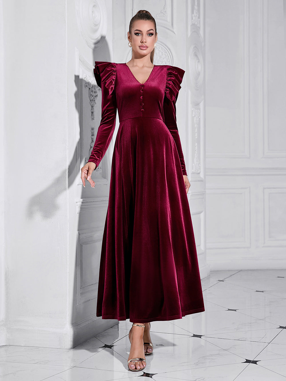 Wine Red V Neck Dress