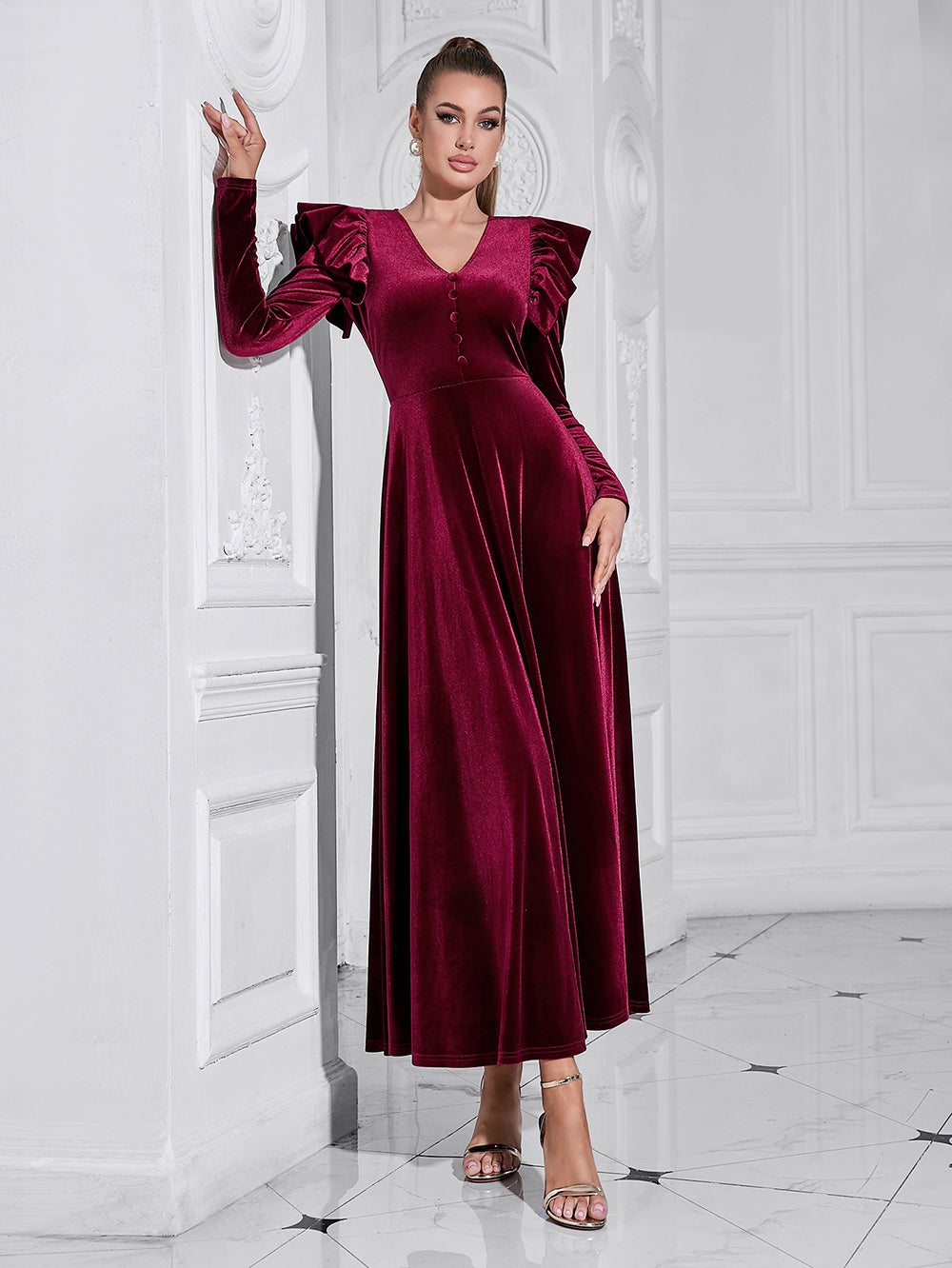 Wine Red V Neck Dress