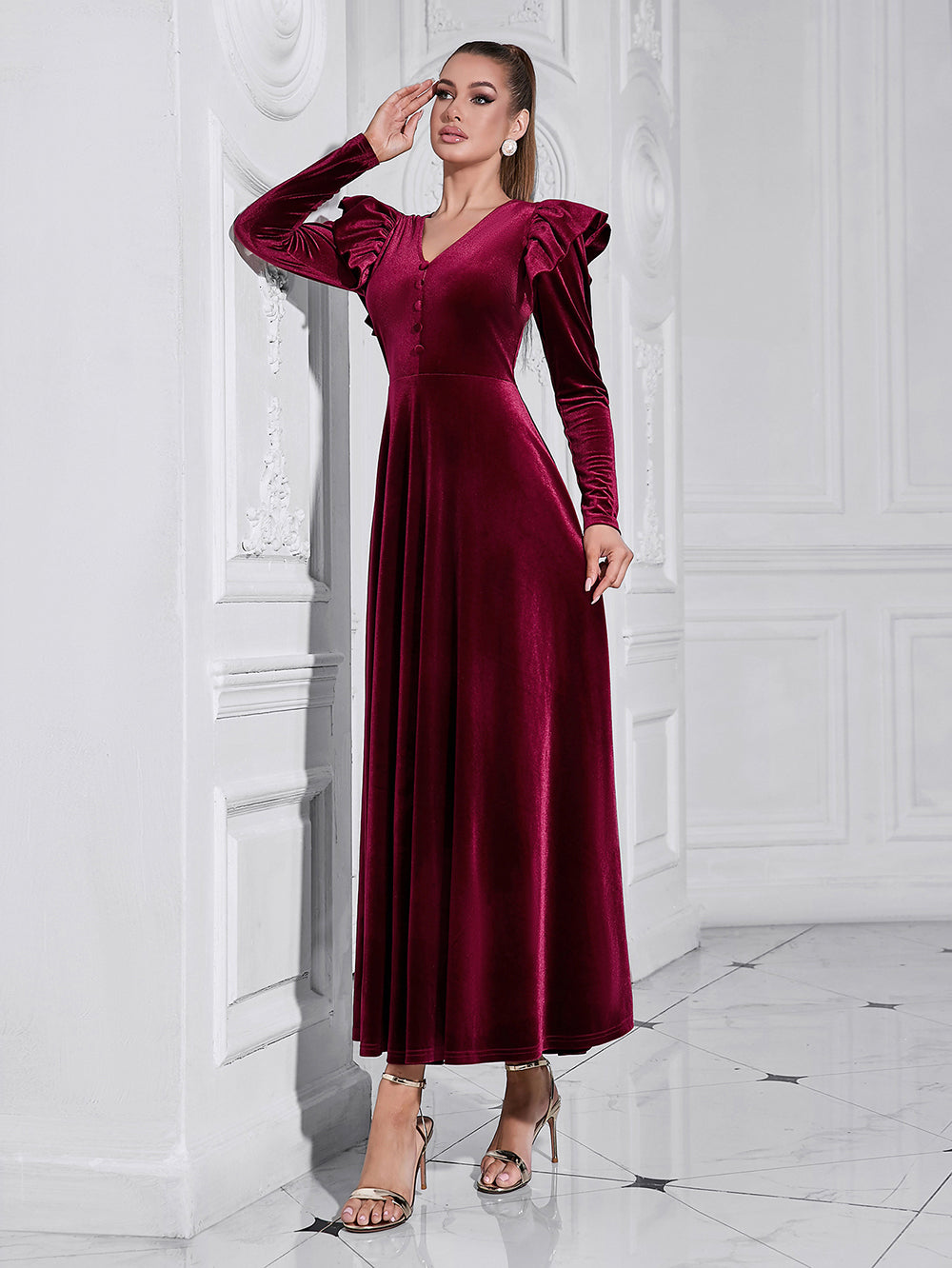 Wine Red V Neck Dress