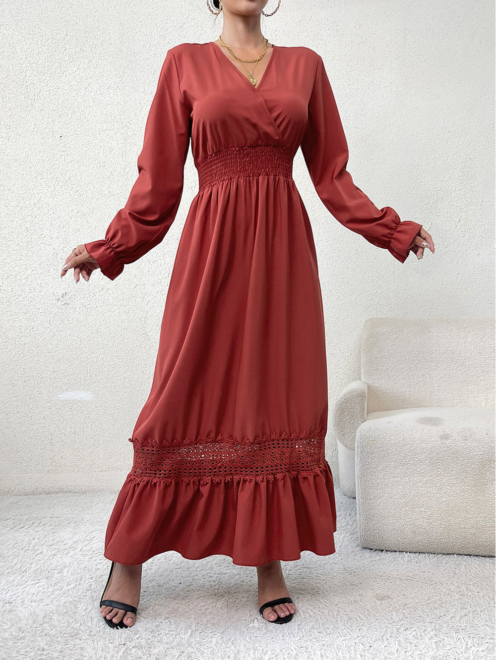 Red Brown V Neck Modest Dress