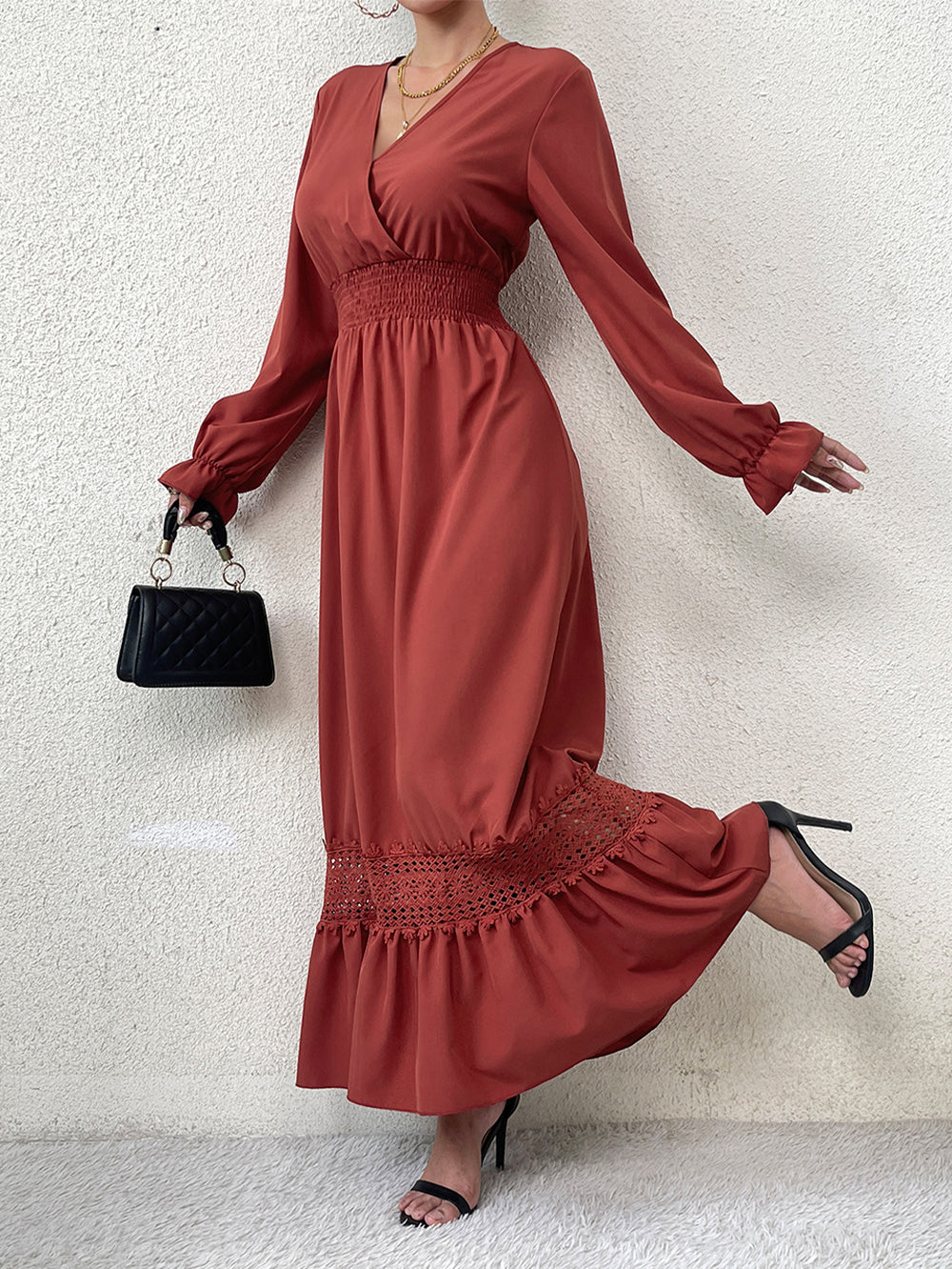 Red Brown V Neck Modest Dress