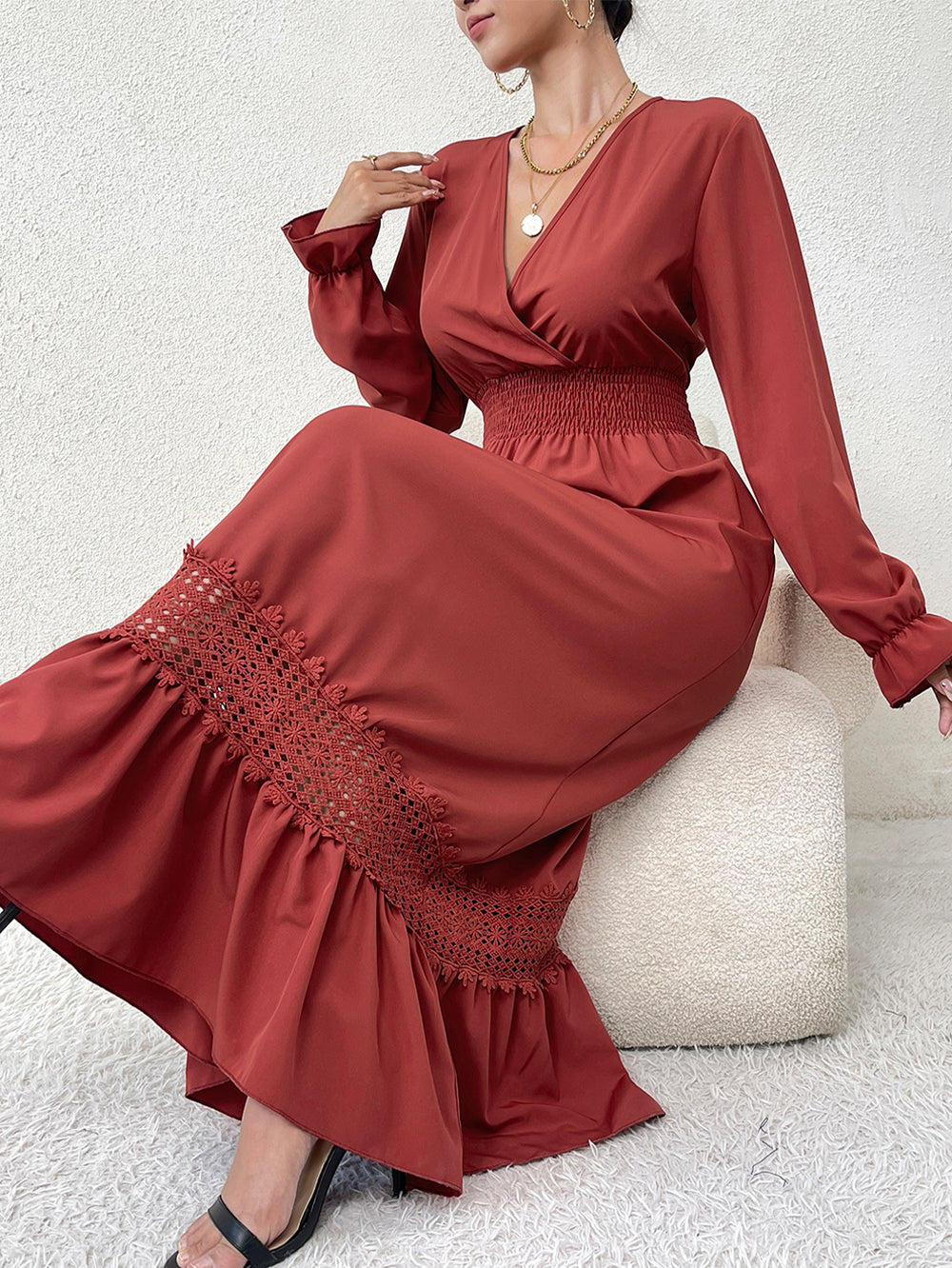 Red Brown V Neck Modest Dress