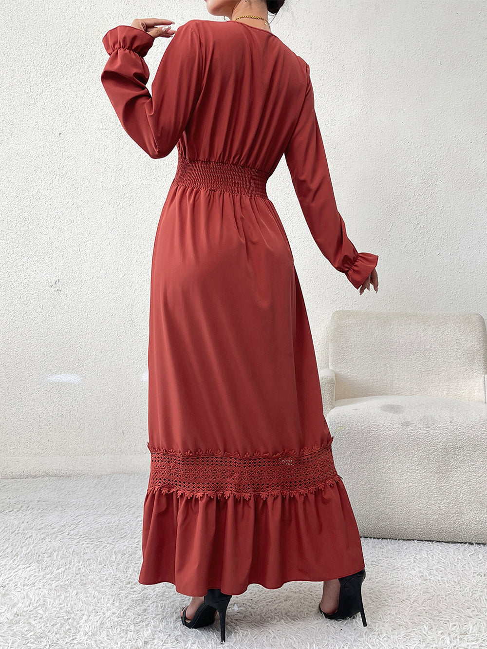 Red Brown V Neck Modest Dress