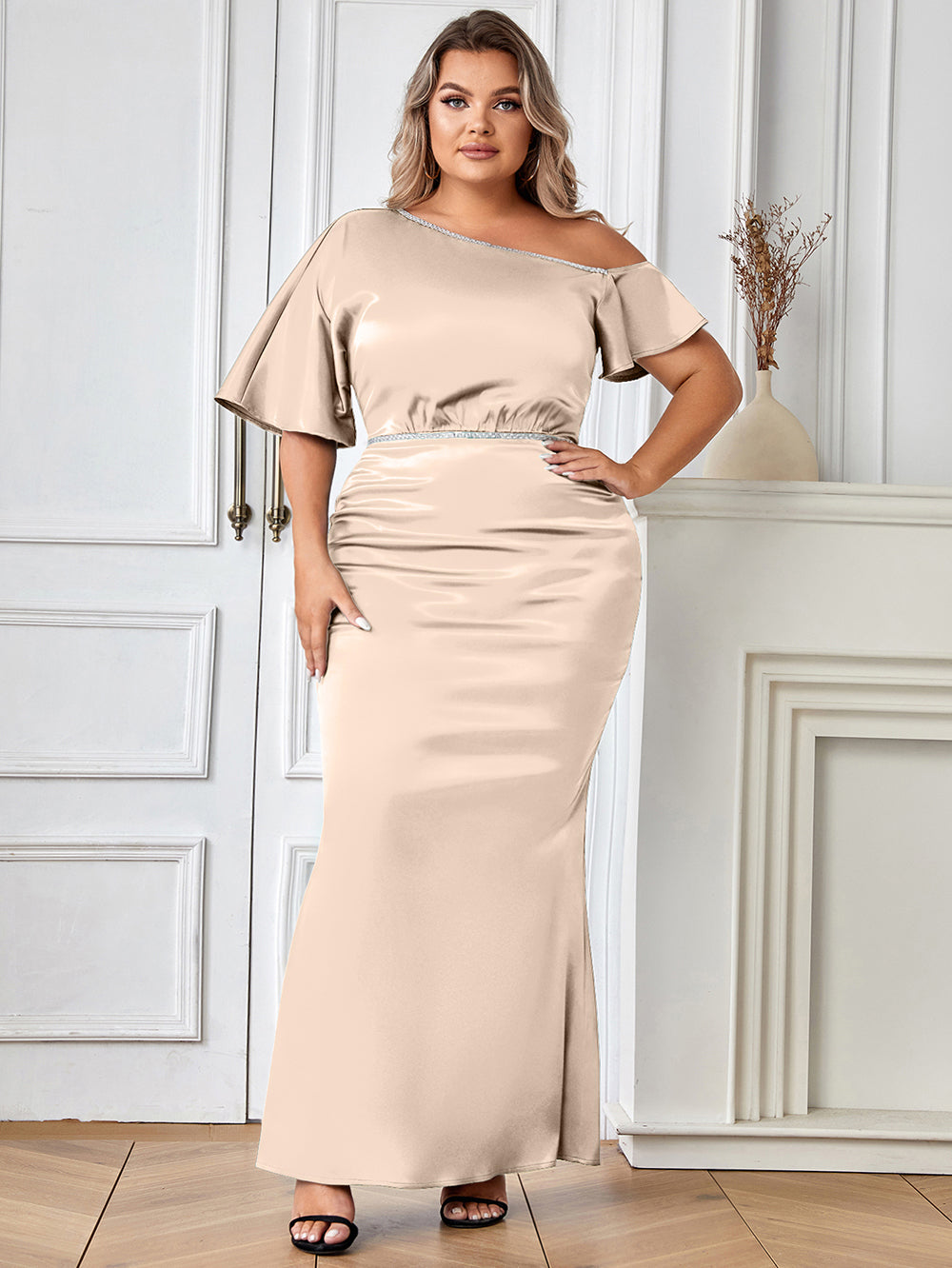 Champane Asymmetrical Plus Size Maxi Dress