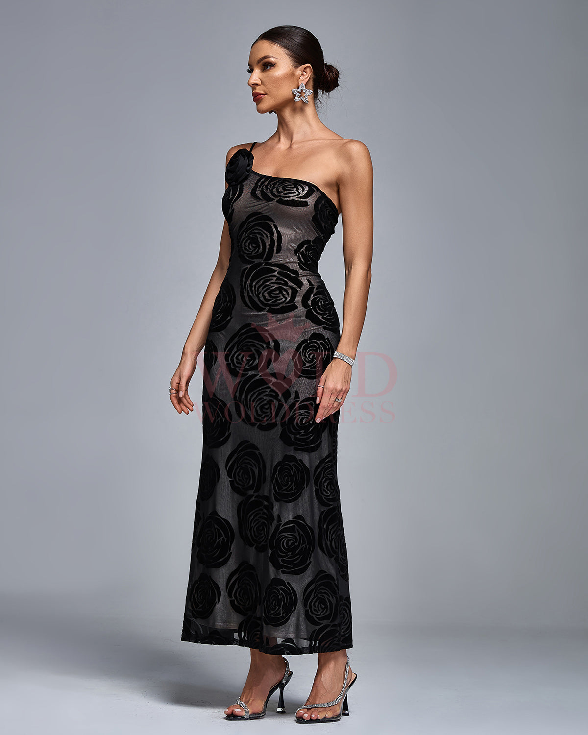 One Shoulder 3D Floral Burnt Flocking Maxi Dress