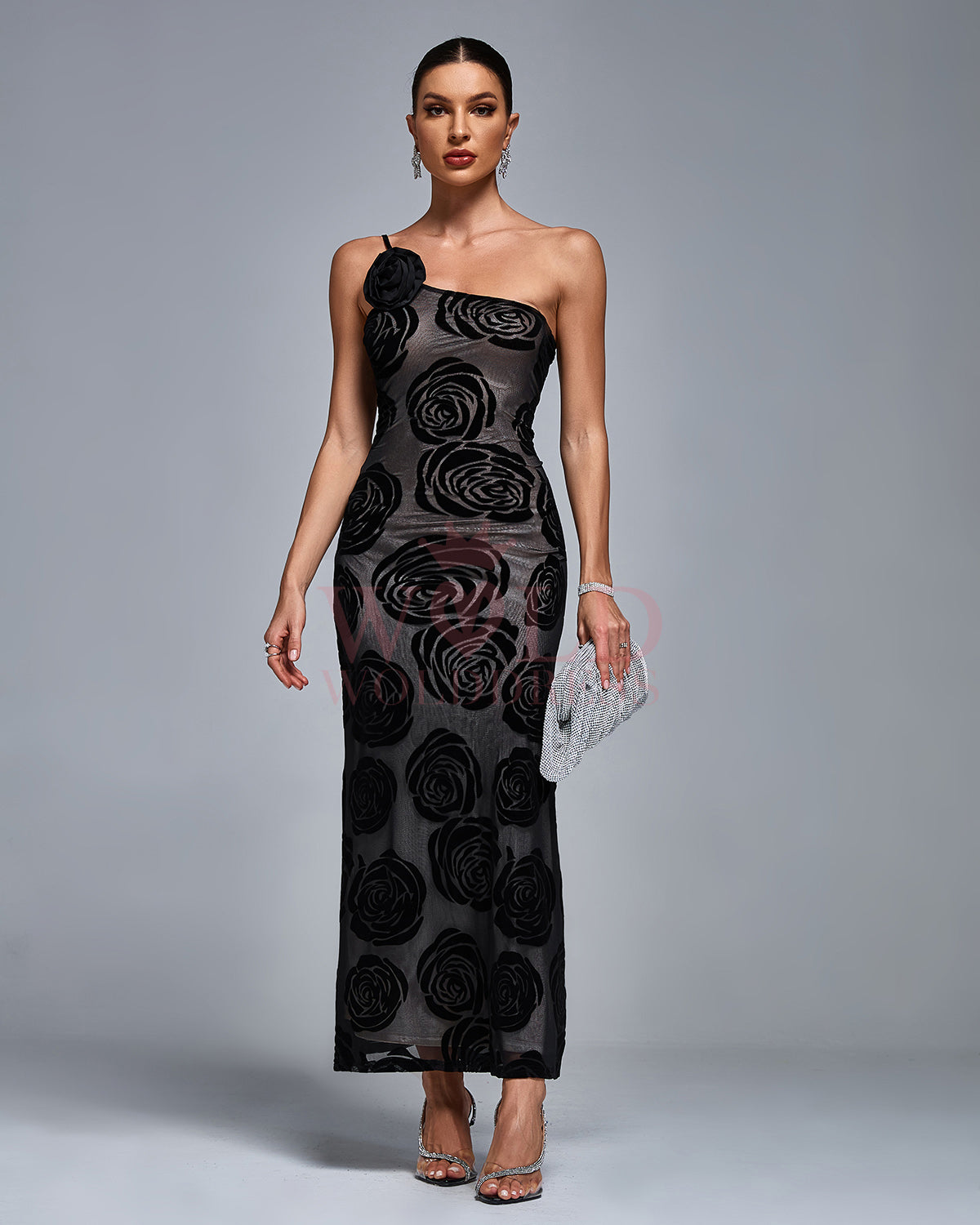 One Shoulder 3D Floral Burnt Flocking Maxi Dress