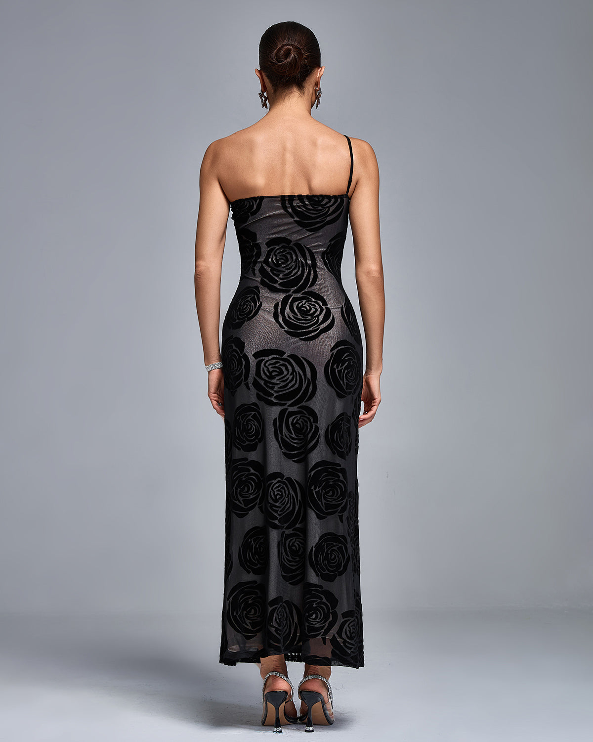 One Shoulder 3D Floral Burnt Flocking Maxi Dress