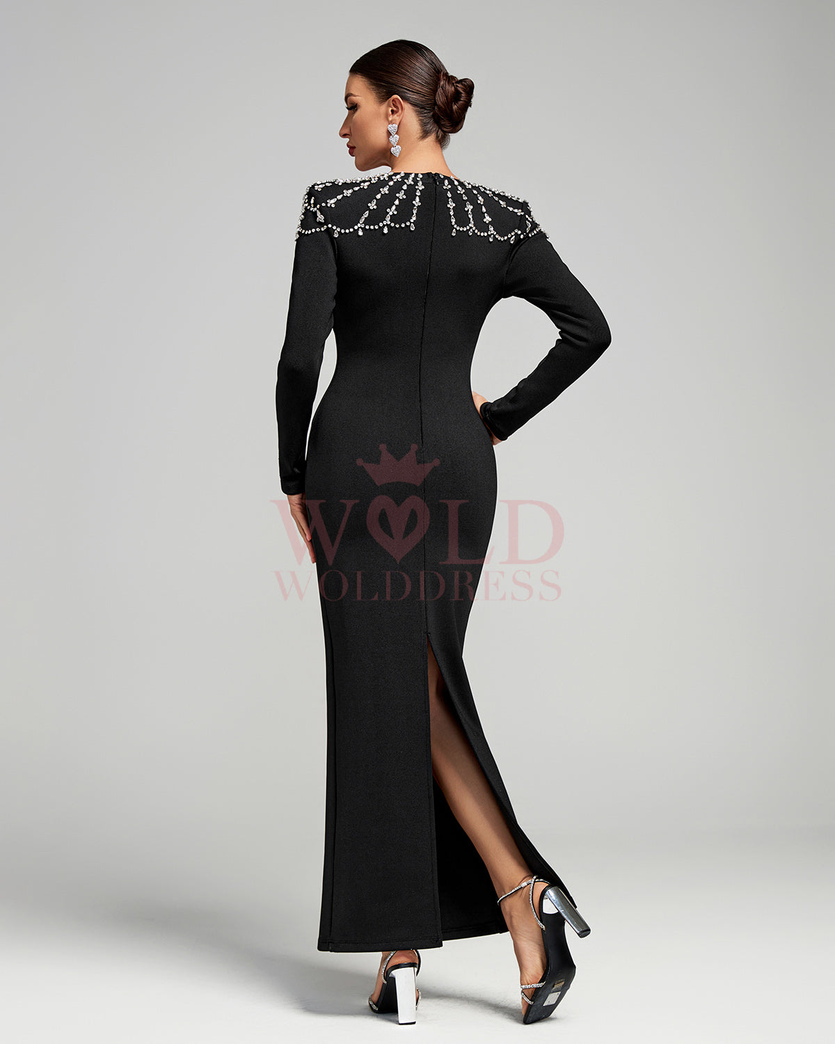 Crystal-Chain Trapezoid Neck Bandage Maxi Dress