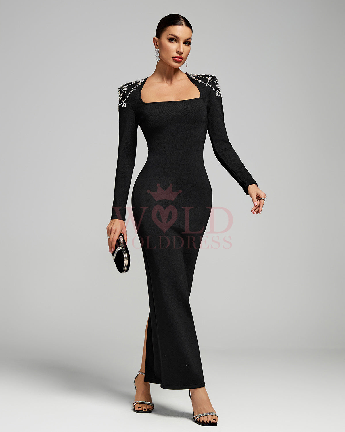 Crystal-Chain Trapezoid Neck Bandage Maxi Dress