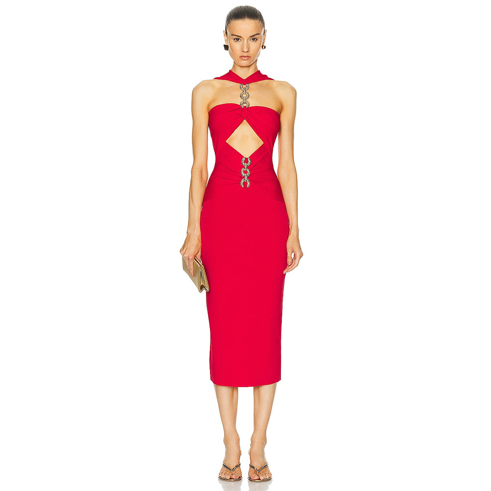 Sleeveless Cut Out Chain Midi Bandage Dress HL9648 | Wolddress