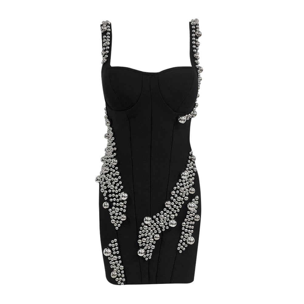 Black Mini Bandage Dress Big Silver Beads