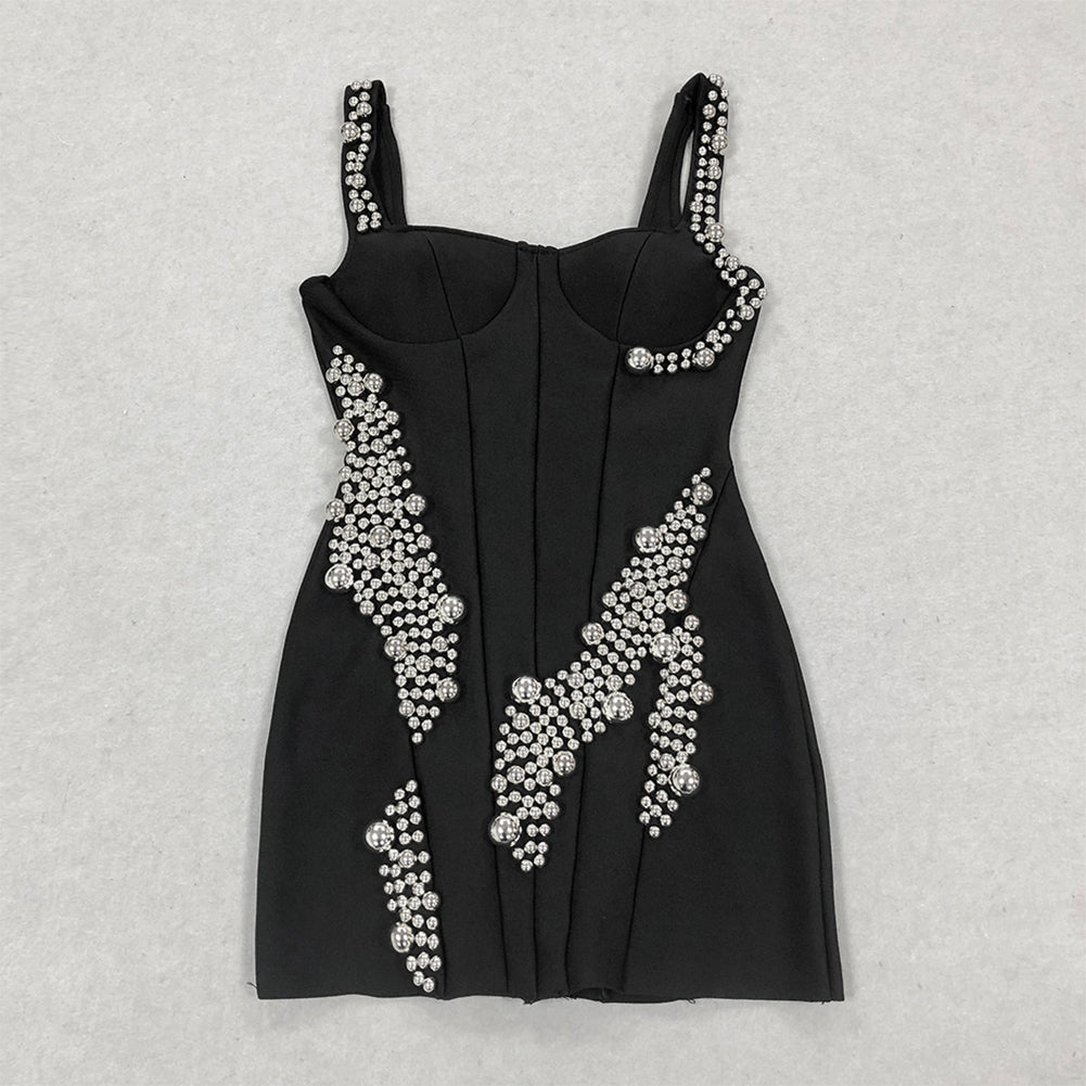 Black Mini Bandage Dress Big Silver Beads