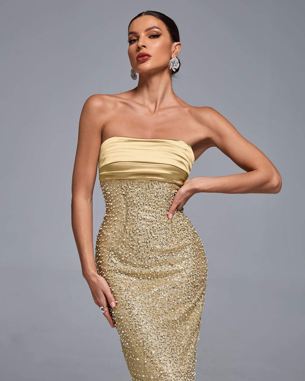 Strapless Sequin Pearl Embellished Tube Dress