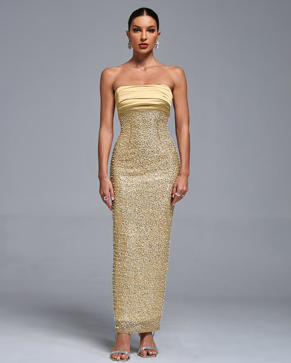 Strapless Sequin Pearl Embellished Tube Dress