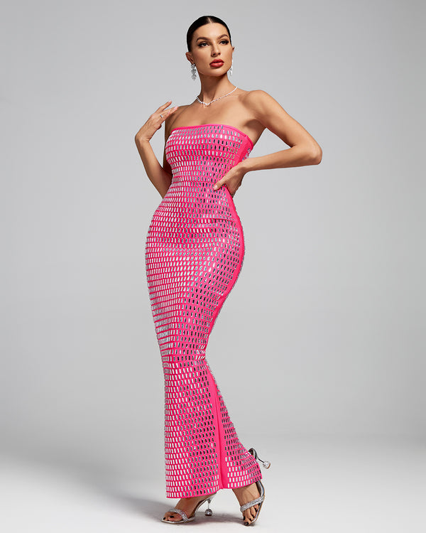 Strapless Sparkly Open Back Bandage Maxi Dress