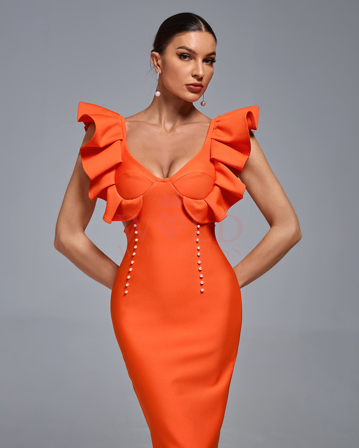 V Neck Ruffle Pearl Midi Bandage Dress