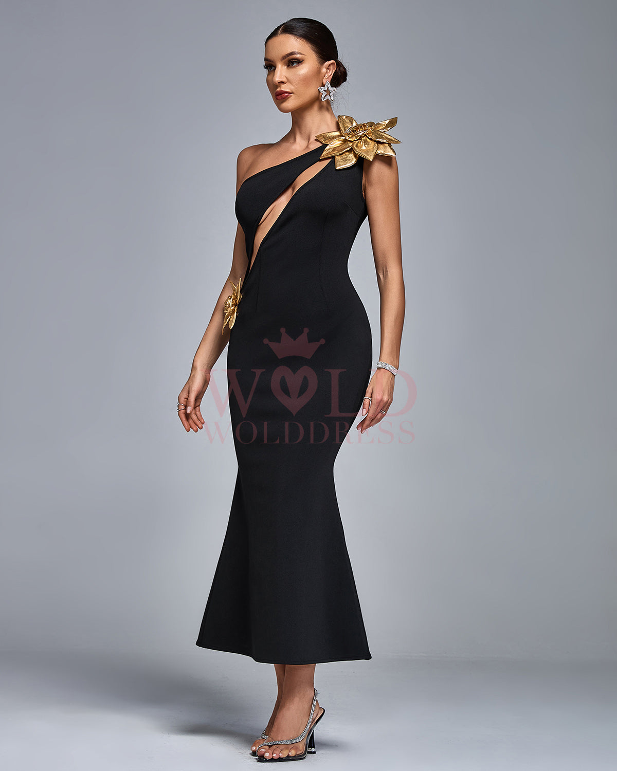 One Shoulder Gold Flower Cut Out Bandage Dress