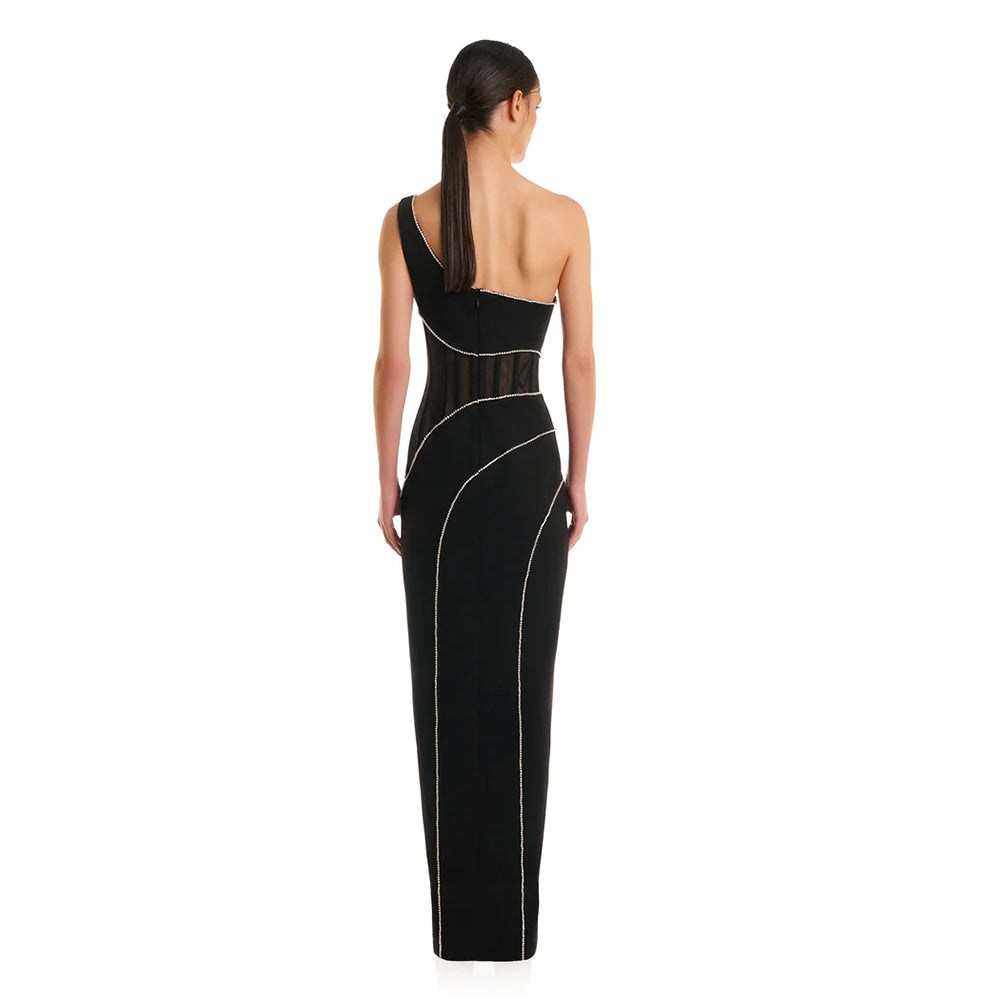 Black One Shoulder Bandage Dress Pearl Trims